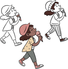 Child in cowboy hat holding ice cream cone and toy walking happily outdoors isolated on transparent background