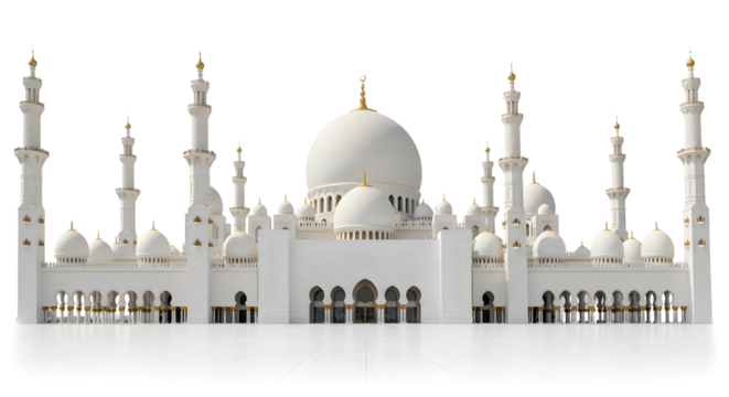 White mosque with multiple domes and minarets on a white background, suitable for religious and architectural themes