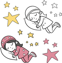 Child in ladybug costume floating among sparkling stars and cosmic elements isolated on transparent background