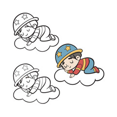Adorable sleeping babies in military helmets resting on clouds for creative projects isolated on transparent background