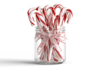 Candy canes in a glass jar tied with a ribbon festive holiday treat for Christmas and winter celebrations