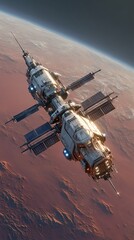 Naklejka premium Futuristic space station orbiting Mars with glowing blue thrusters
