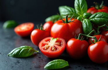 Fresh ripe tomatoes with basil leaves on dark surface creating vibrant contrast