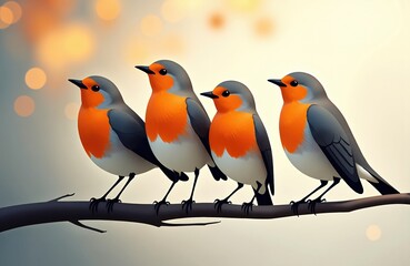 Fototapeta premium Four European robins perched on a branch against a blurred warm background with bokeh lights