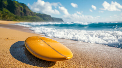 Hyperrealistic scene of a surfboard left on a sandy beach as a gentle wave approaches, evoking calm, adventure, and the beauty of coastal lifestyle and summer moments.
