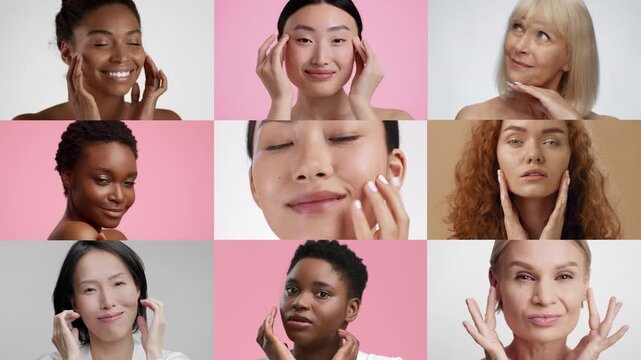 Women of various ages and backgrounds engage in self-care activities at home. They are seen applying skincare products and enjoying moments of relaxation within a serene atmosphere.