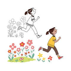 Joyful child running through a flourishing garden with flowers and butterflies at dusk isolated on transparent background