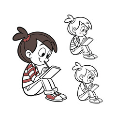 Cartoon boy drawing and studying with sketchpad lively and energetic poses isolated on transparent background