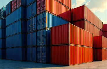 Fototapeta premium Stacked shipping containers in vibrant red and blue colors creating an industrial scene