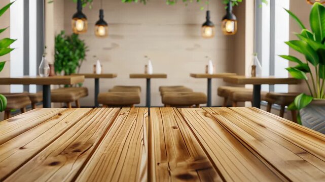 Wooden Table Display at Restaurant: A captivating view of an empty wooden table, expertly arranged to showcase a restaurant's interior, with soft lighting creating an inviting atmosphere.