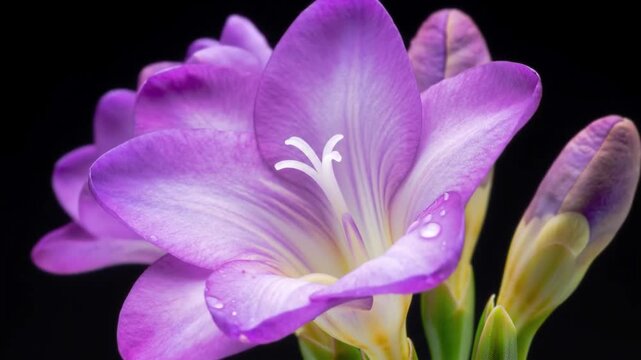 Closeup of a vibrant purple freesia flower with delicate water droplets on its petals set against a dark background.
