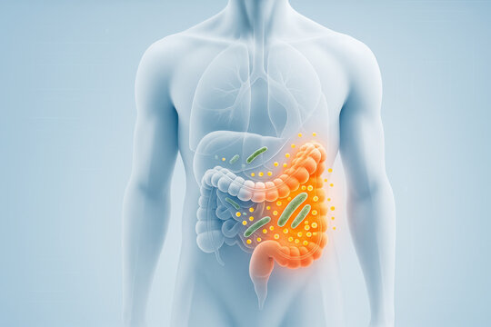 Detailed 3D medical visualization showing Clostridium difficile infection in the human digestive tract with realistic anatomy and bacteria depiction.
