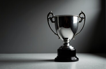 A silver trophy cup with ornate handles on a plain surface with dramatic lighting