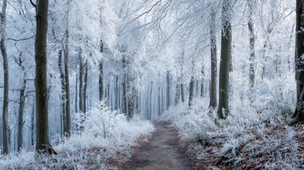 A serene path winds through a frosty forest with trees glistening in a blanket of snow.