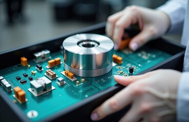 Obraz premium Close-up of a person inspecting a circuit board with a metallic component in a high-tech environment