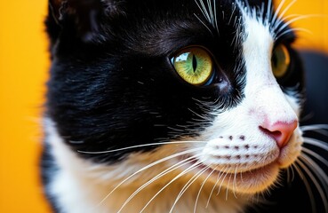 Close-up of a black and white cat with striking yellow-green eyes and pink nose against a warm orange background