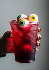 Obraz premium Hand holding drink with red liquid and eyeball decorations on grey. A spooky beverage for Halloween time. Celebration, weird, creative.