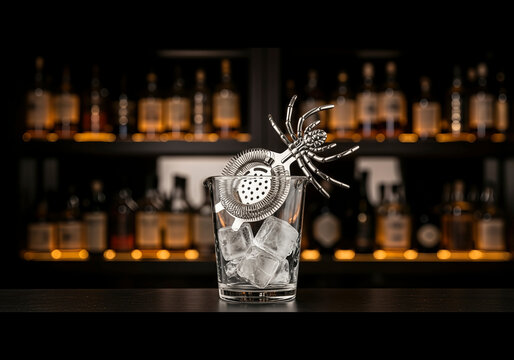 A cocktail glass with ice and a spider strainer on a bar. A creative still life shot with dramatic lighting. Cocktail making, mixology culture, spooky season.
