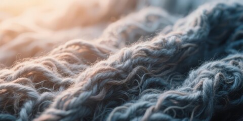 Extreme macro of thick, coarse gray yarn or rope knit texture. Rough, uneven surface with cool blue tones and warm highlights from sunlight