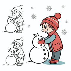 Joyful child building snowman winter scene cartoon style for childrens books isolated on transparent background