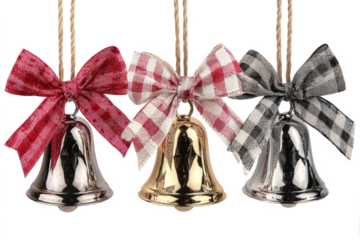 Three Christmas bells with checkered bows holiday ornaments hanging on white background festive decoration