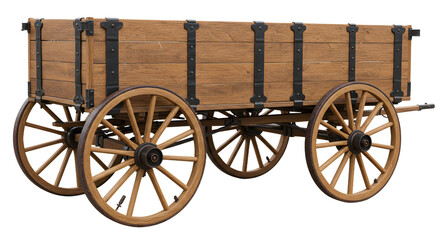 Antique wooden wagon with metal reinforcements and large spoked wheels isolated on white background, perfect for historical or vintage project visuals
