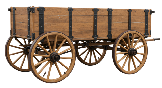 Antique wooden wagon with metal reinforcements and large spoked wheels isolated on white background, perfect for historical or vintage project visuals