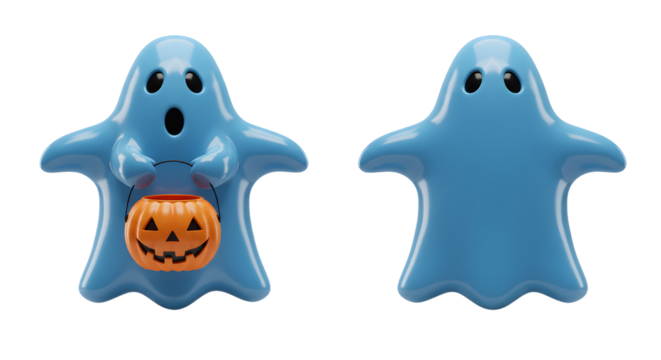 Blue cartoon ghost characters with one holding a pumpkin bucket for Halloween, cute spooky decoration perfect for Halloween events and parties