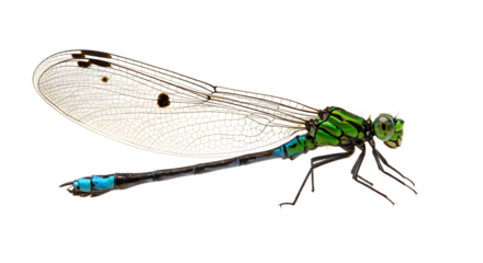 Close-up of a green damselfly with transparent wings isolated on white background, detailed insect macro photography perfect for educational content
