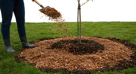 Gardener spreading wood chips around young tree in backyard setting 