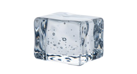 Close-up of a single ice cube with air bubbles inside, isolated on white background, perfect for beverage and cooling concepts