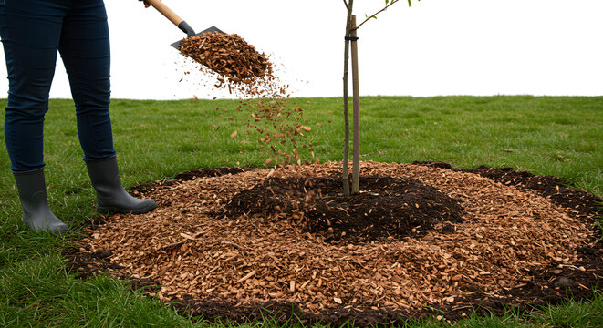 Gardener spreading wood chips around young tree in backyard setting  