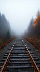 Fototapeta premium Hyperrealistic image of train tracks fading into thick fog, symbolizing uncertainty, mystery, and the journey into the unknown or the passage of time.