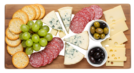 Assorted charcuterie board with crackers, grapes, sliced salami, blue cheese, olives, and sliced Swiss cheese, perfect for appetizers or gatherings