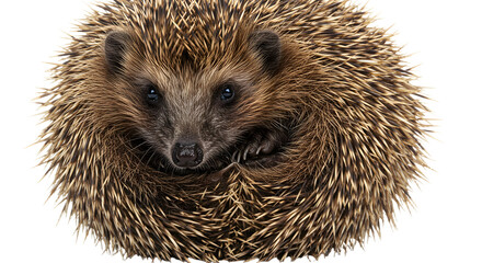 Close-up of a curled brown hedgehog with sharp spines isolated on white background, perfect for wildlife and nature projects