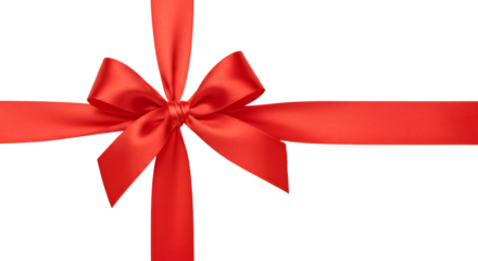Red satin ribbon bow tied in a cross shape on black background, perfect for gift wrapping and holiday decorations
