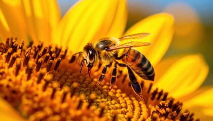 Close-up of Honeybee on Sunflower Pollen with Detailed Textures and Yellow Petals
