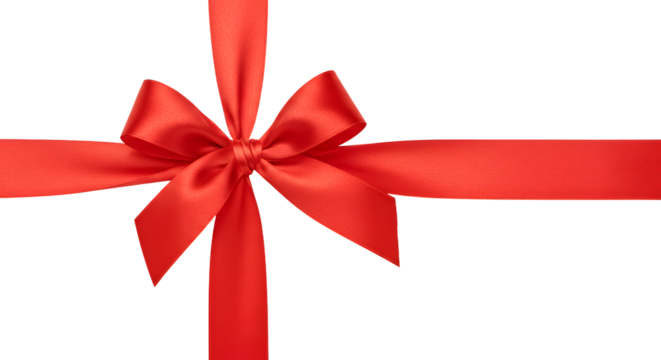 Red satin ribbon bow tied in a cross shape on black background, perfect for gift wrapping and holiday decorations