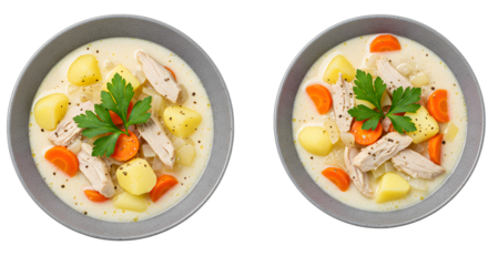 Two bowls of creamy chicken stew with potatoes, carrots, and onions garnished with fresh parsley, perfect for comforting family meals