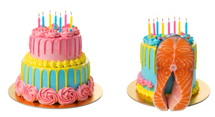 Two colorful birthday cakes with multiple lit candles and pink rose decorations, including one cake with a salmon fish slice on top, creative dessert ideas for celebrations