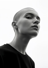 Fototapeta premium A portrait of a bald young woman in a black shirt against a white background. A black and white image conveying stark beauty. Expressive portrait, powerful look, modern aesthetic.