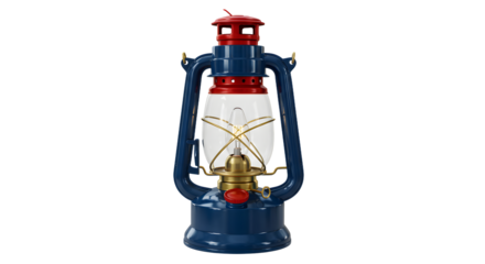 Vintage blue and red metal lantern with brass details isolated on white, classic oil lamp for camping and outdoor use