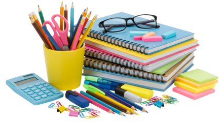 Colorful office supplies including notebooks, pens, pencils, calculator, sticky notes, and glasses on a white background, perfect for back to school or office use