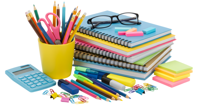 Colorful office supplies including notebooks, pens, pencils, calculator, sticky notes, and glasses on a white background, perfect for back to school or office use