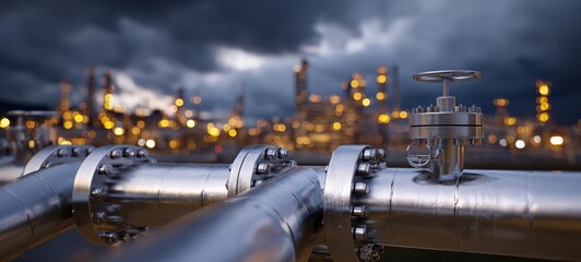 Fototapeta premium The Pipeline in Focus with Industrial Valve and Blurred Refinery Lights at Night