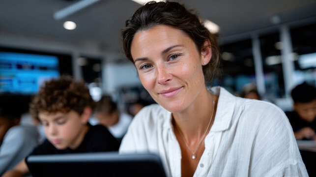 A smiling teacher engages with students in a contemporary classroom, reflecting the importance of education and connection in a diverse and interactive learning environment. - Powered by Adobe