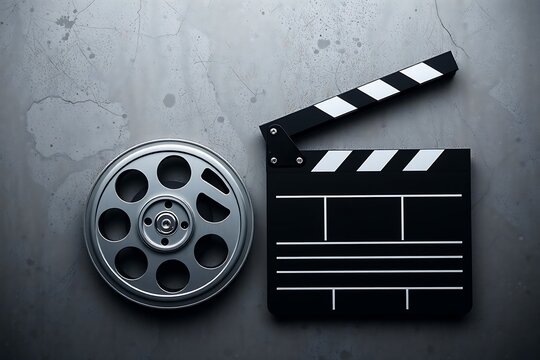 Generative AI film reel and clapperboard on textured background.