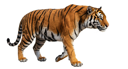 Obraz premium Siberian tiger walking isolated on white background, big wild cat in natural pose, majestic predator perfect for wildlife and nature projects