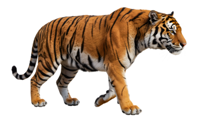 Siberian tiger walking isolated on white background, big wild cat in natural pose, majestic predator perfect for wildlife and nature projects