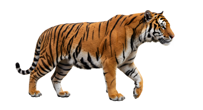 Majestic Bengal tiger walking isolated on white background, wild big cat in natural pose, perfect for wildlife and conservation projects